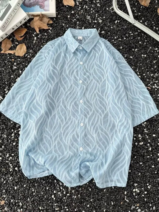 Men's Full Size Wave Pattern Short Sleeve Button-Up Shirt Plus Size - Velora