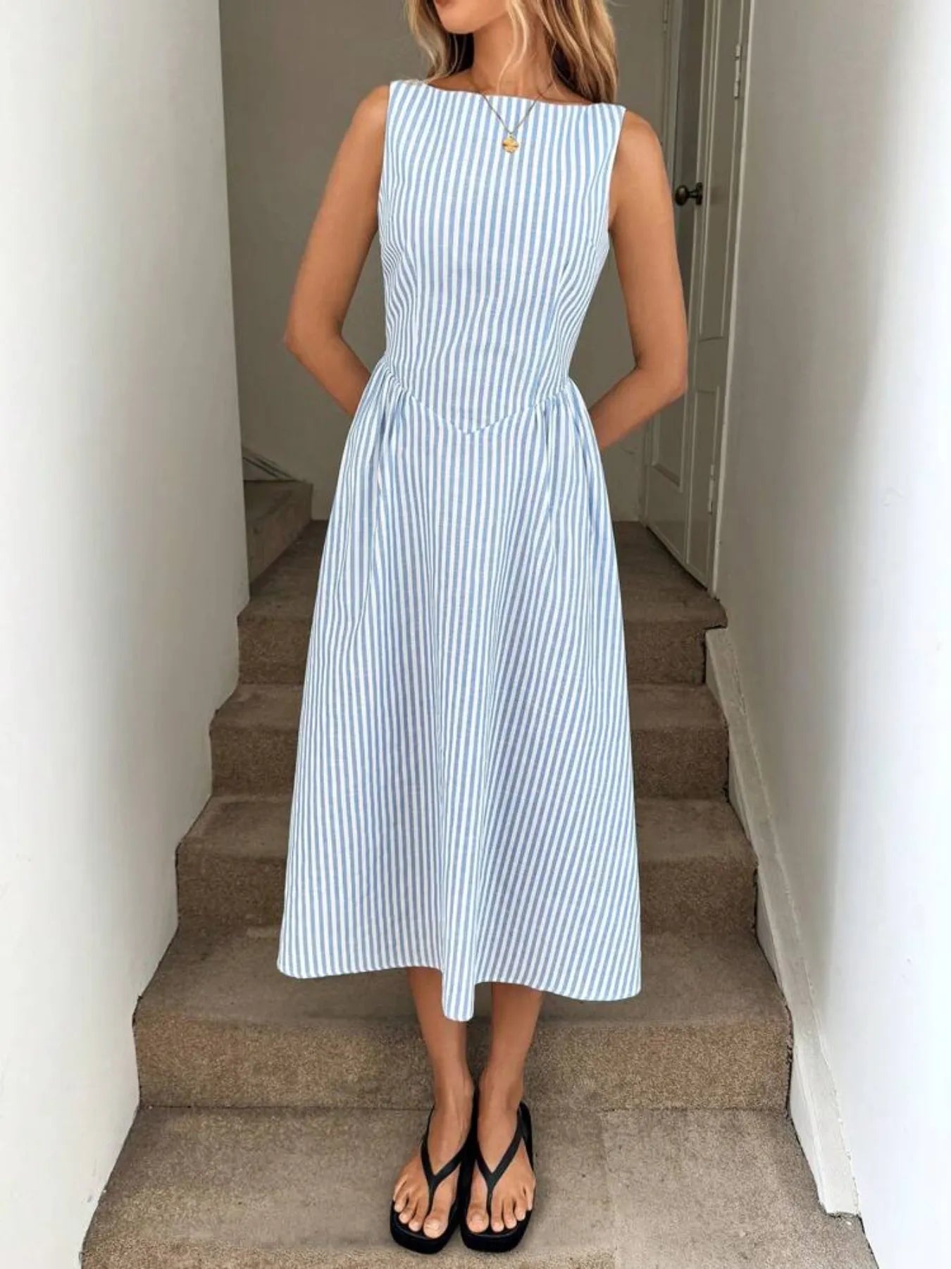 Sleeveless Striped Midi Dress - Velora