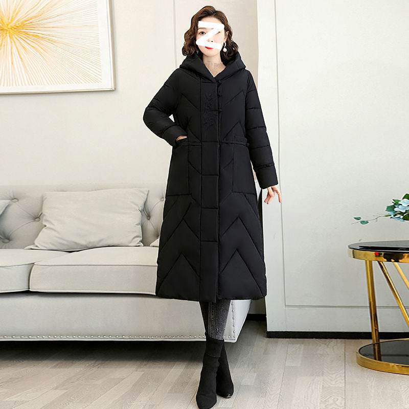 Plus Size Overknee Long Warm Hooded Cotton Jacket - Velora