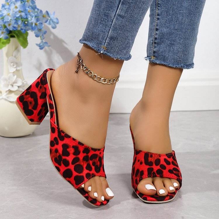 Leopard Square Toe Sandals Summer High-heeled Slippers Chunky Heel Shoes For Women - Velora