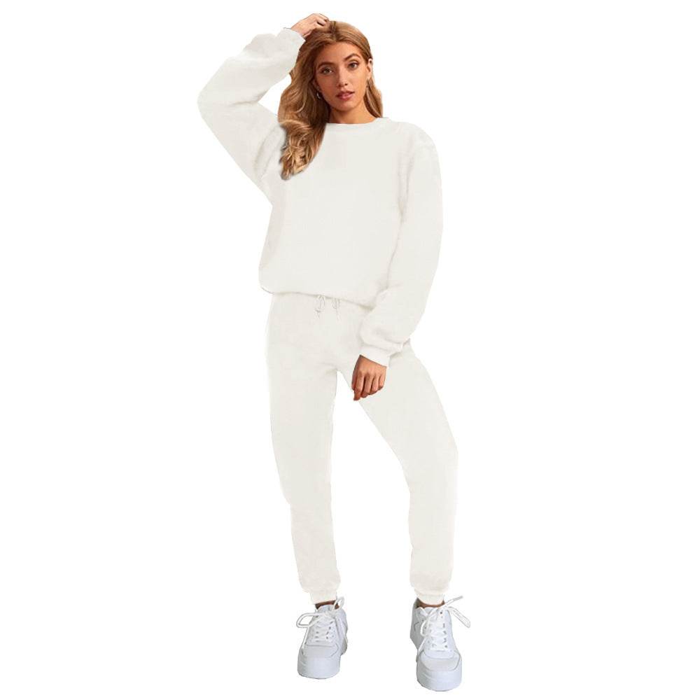 Women's Solid Color Round Neck Pullover Sweatshirt Pants - Velora