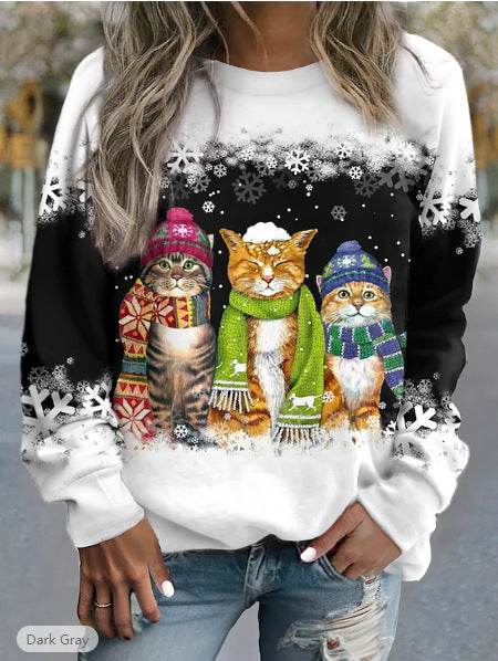 Cross-border Women's Christmas New Snowman And Cat Printed Long Sleeve Casual Loose-fitting T-shirt Christmas Supplies - Velora