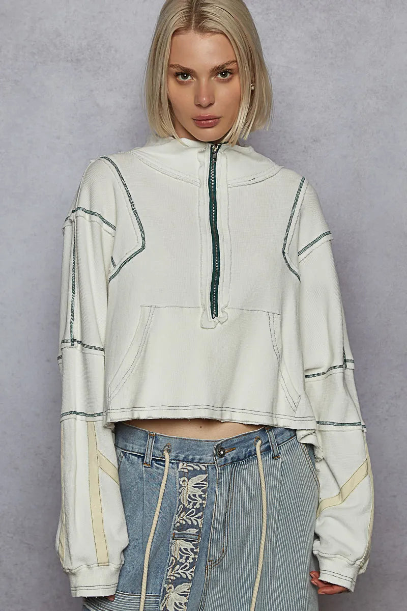 POL Contrast Stitching Zip Front Sweatshirt - Velora