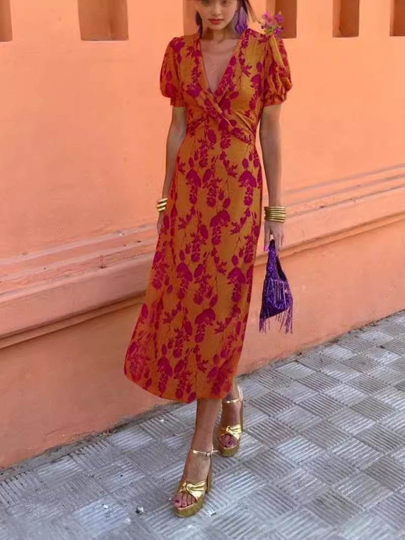 Summer V-neck Short-sleeved Dress Fashion Flowers Printed Slim Beach Dresses For Women Clothing - Velora