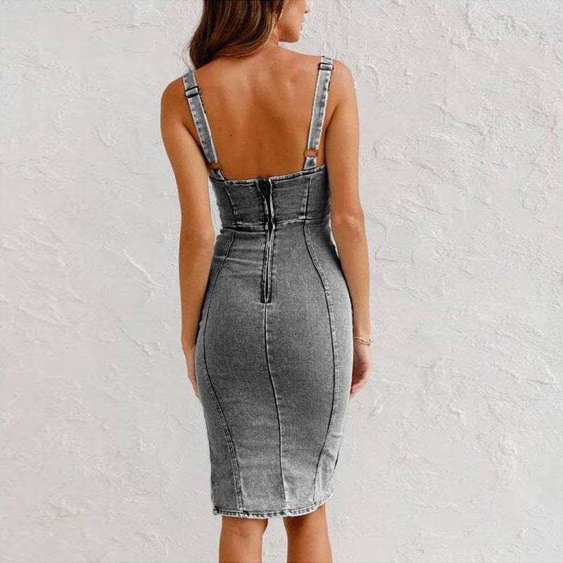 New U-neck Suspender Denim Dress Summer Casual Tight Slim Fit Dresses With Slit Design Womens Clothing - Velora