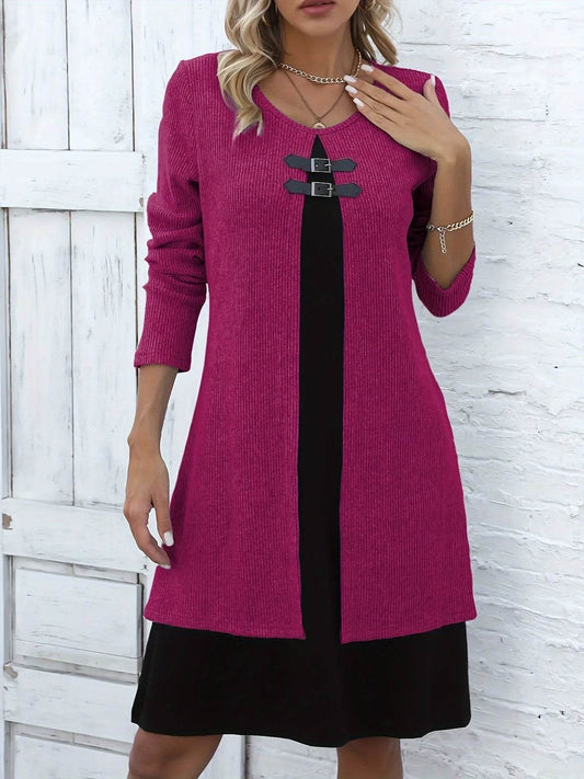 Contrast Color Buckled Round Neck Fashion Winter Sweater Dress - Velora