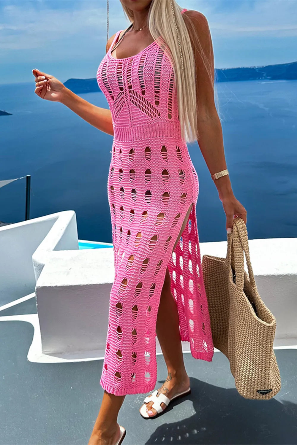 Openwork Slit Scoop Neck Sleeveless Cover Up - Velora