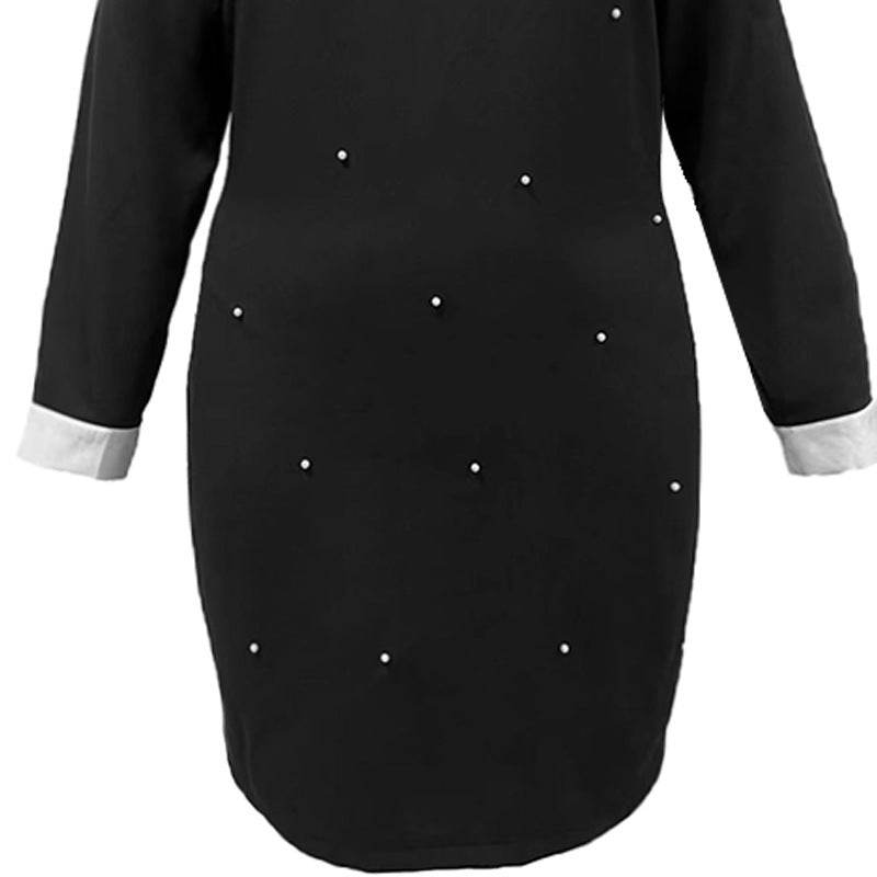 Elegant Lapel Long Sleeve Stitching Contrast Color Beaded Dress - Velora