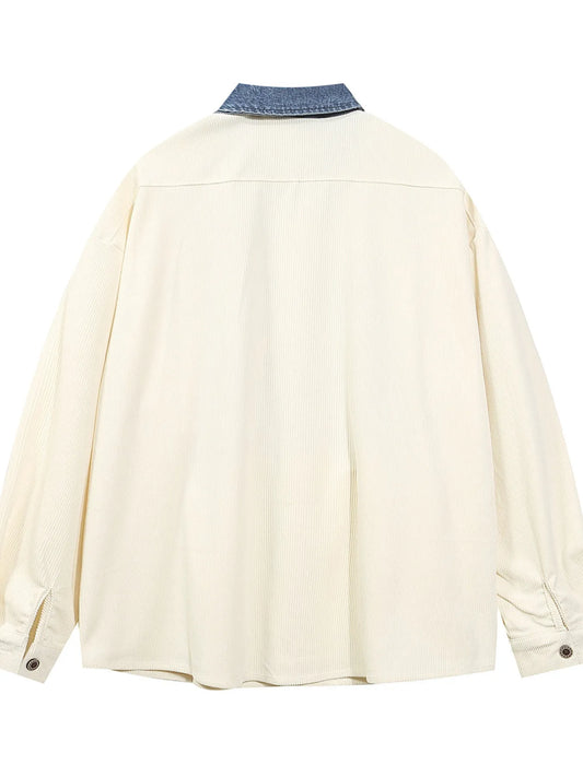 Men's Embroidered Denim Collared Corduroy Long-Sleeved Shirt - Velora
