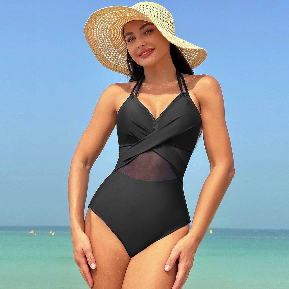 Halter-neck One-piece Swimsuit Summer Solid Color Cross-strap Design Mesh Bikini Beach Vacation Womens Clothing - Velora