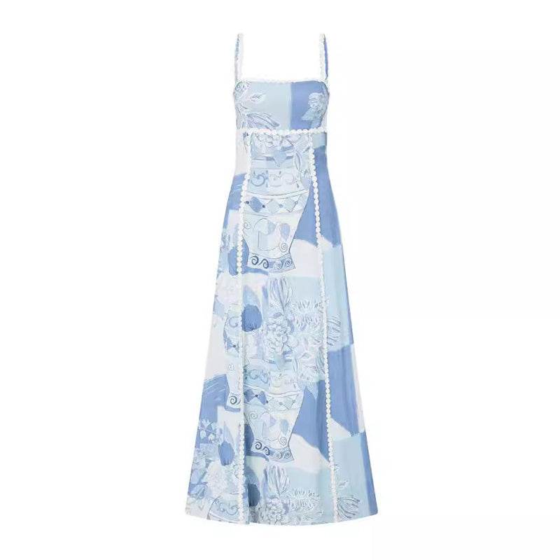 Flower Print Lace Sling Dress Sexy Backless Bow Suspender Long Dresses Womens Clothing - Velora
