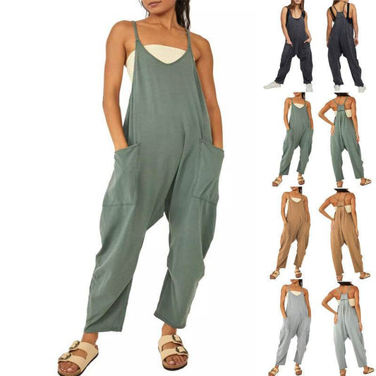 Summer Women's Loose Sleeveless Jumpsuits Spaghetti Strap Long Pant Romper Jumpsuit With Pockets Zipper - Velora