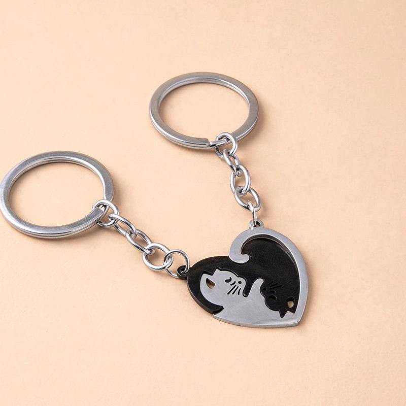 Love Heart Black White Cats Stainless Steel Couple Keychains - Velora