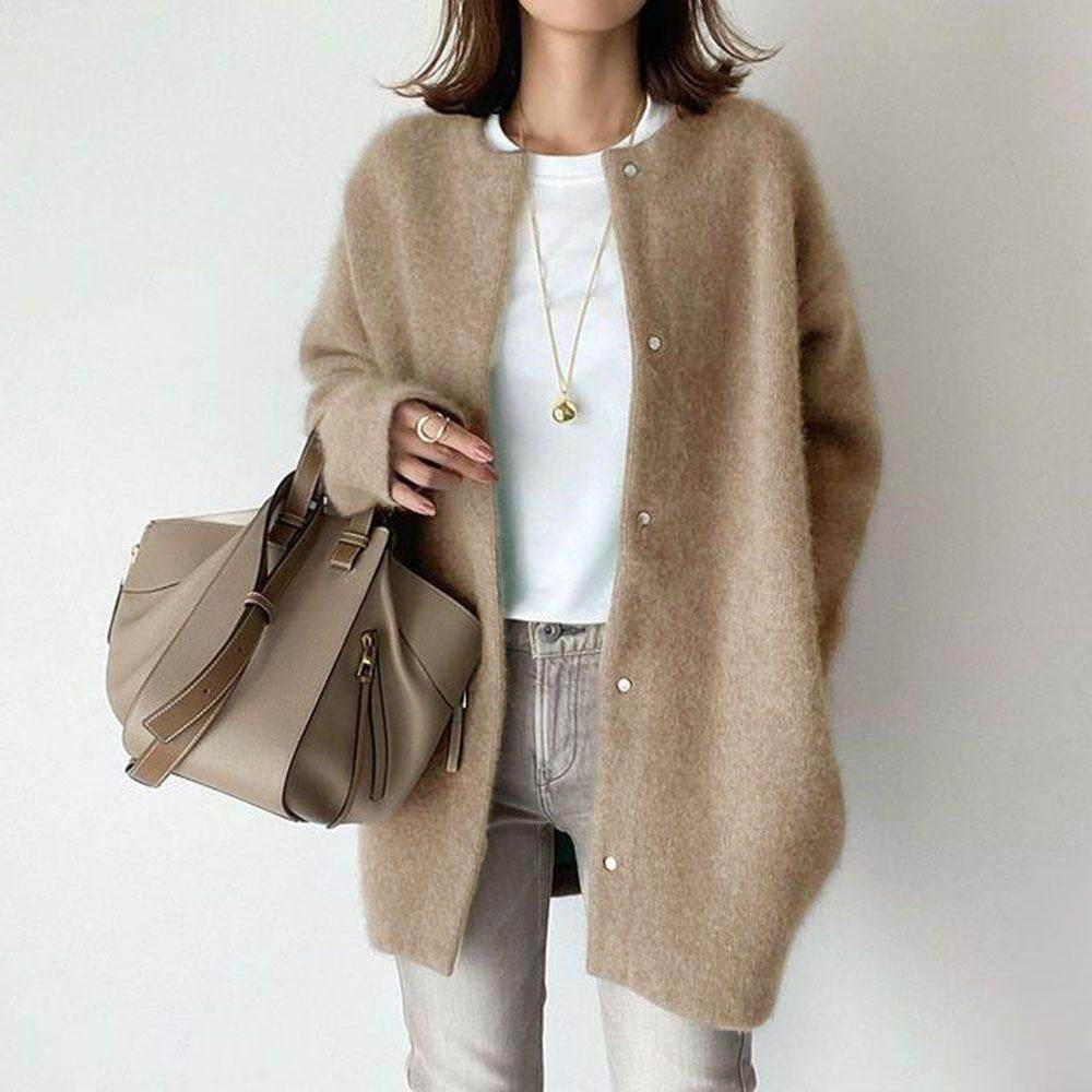 Loose Round Neck Single Breasted Cardigan Fashion Solid Color Coat Jacket Autumn And Winter Women's Clothing - Velora