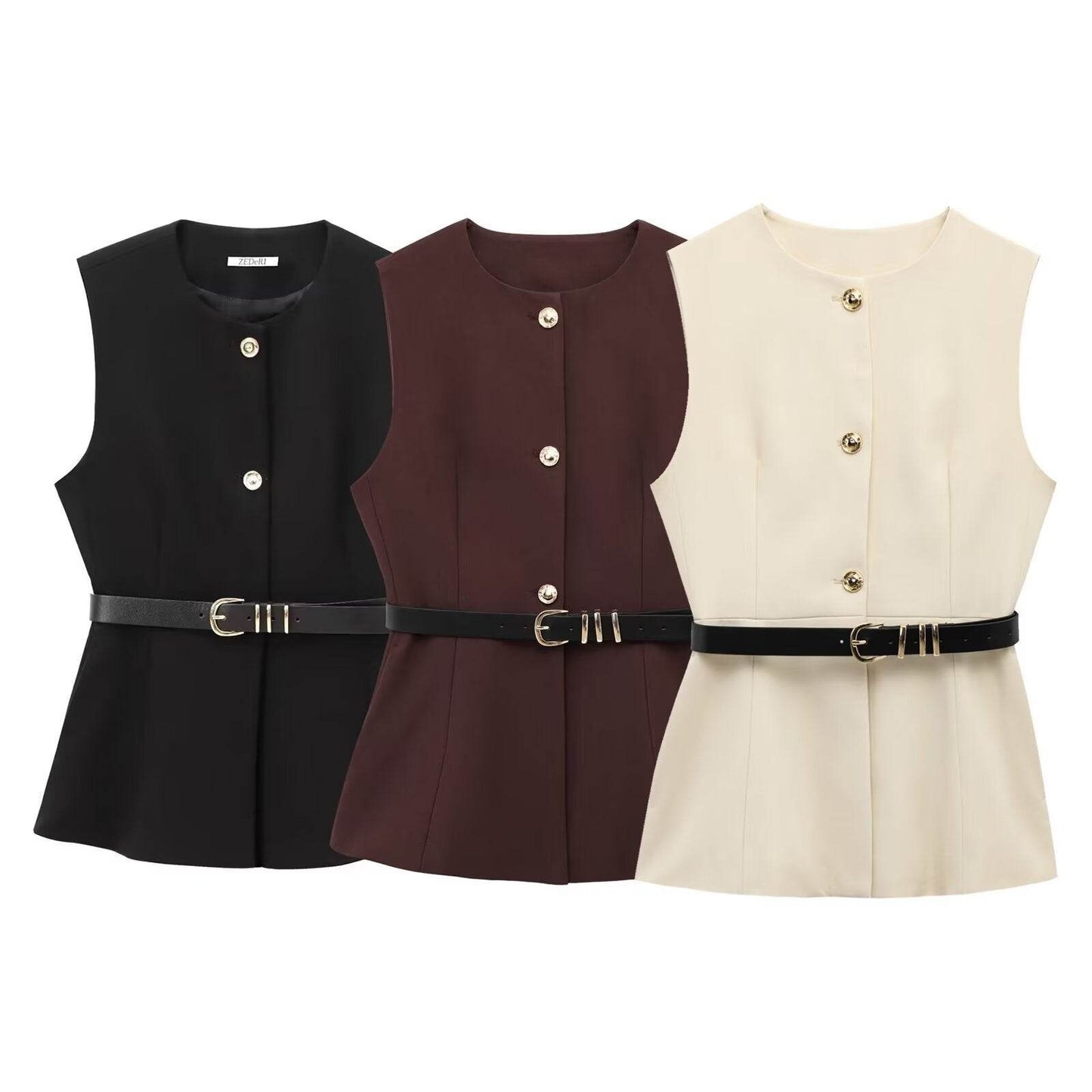 Belt Simple Sleeveless Shirt Bandage Dress Waist-tight Vest - Velora