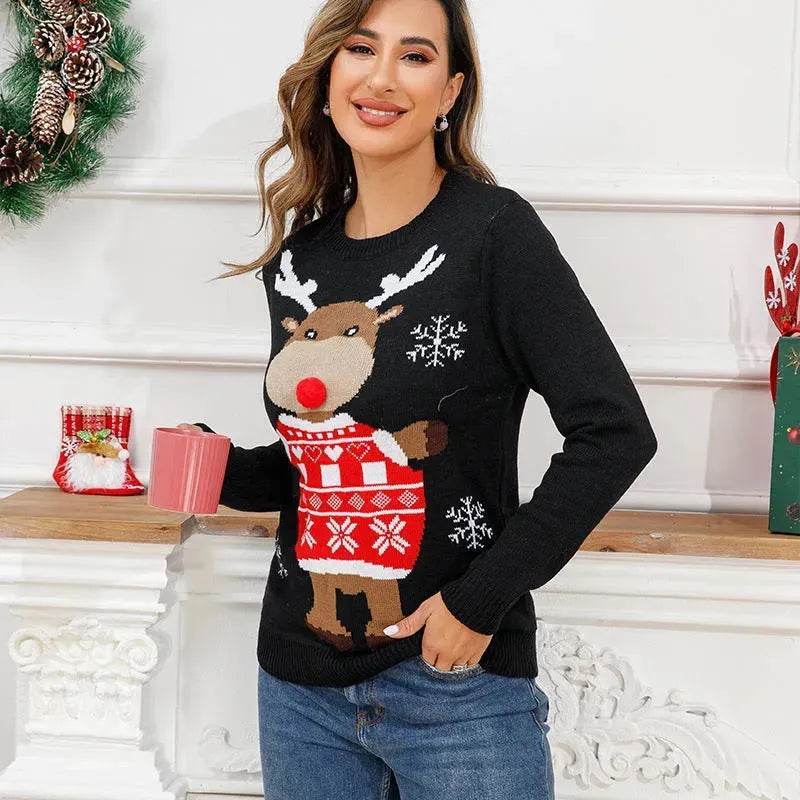 Funny Deer Christmas Sweater Round Neck Pullover Women - Velora