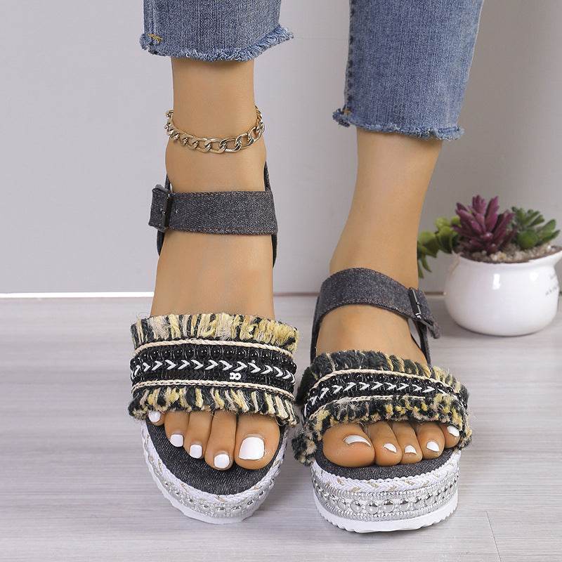 Fashion Tassel Denim Sandals With Thick-soled Flat Heel New Summer Hemp Rope Sole Ethnic Style Shoes For Women - Velora