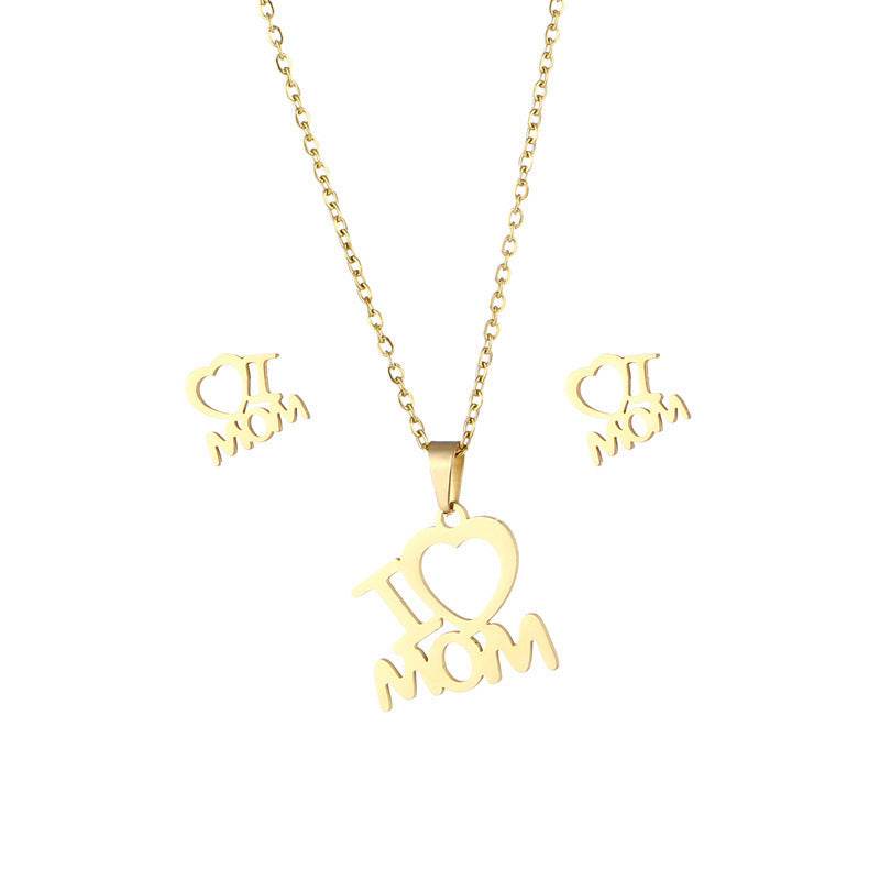Mother's Day Jewelry Set Stainless Steel I Love Mom Mama Love Heart Pendant Necklace Earrings Thanksgiving Gift - Velora