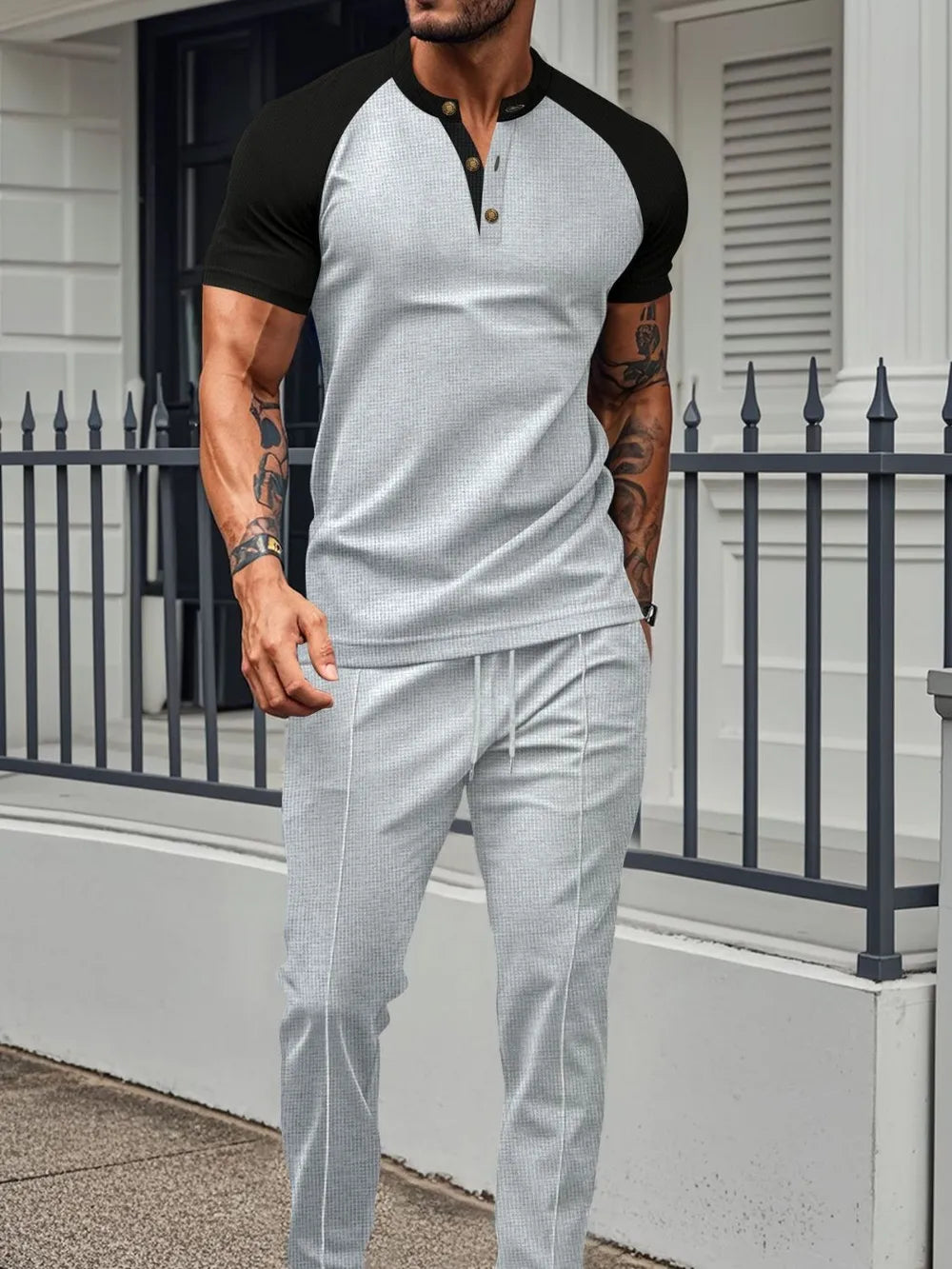 Men's Full Size Waffle-Knit Contrast Top and Drawstring Pants Set Plus Size - Velora