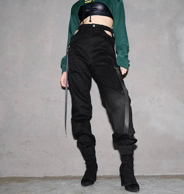 Women Black High Waist Pencil Pants Pockets Patckwork Hollow Out Pants Fashion Women Streetwear Cargo Pants Women Pants - Velora