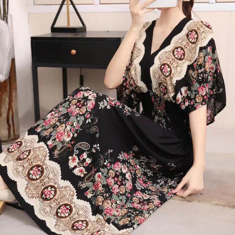 Cotton Silk Floral Dress Women's Summer Ethnic Style V-neck Short Sleeve Pastoral Style Skirt - Velora