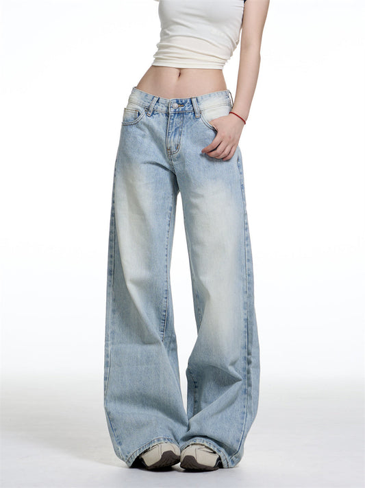 American Retro Washed Wide Leg Jeans Women's Low Waist Loose Straight - Velora
