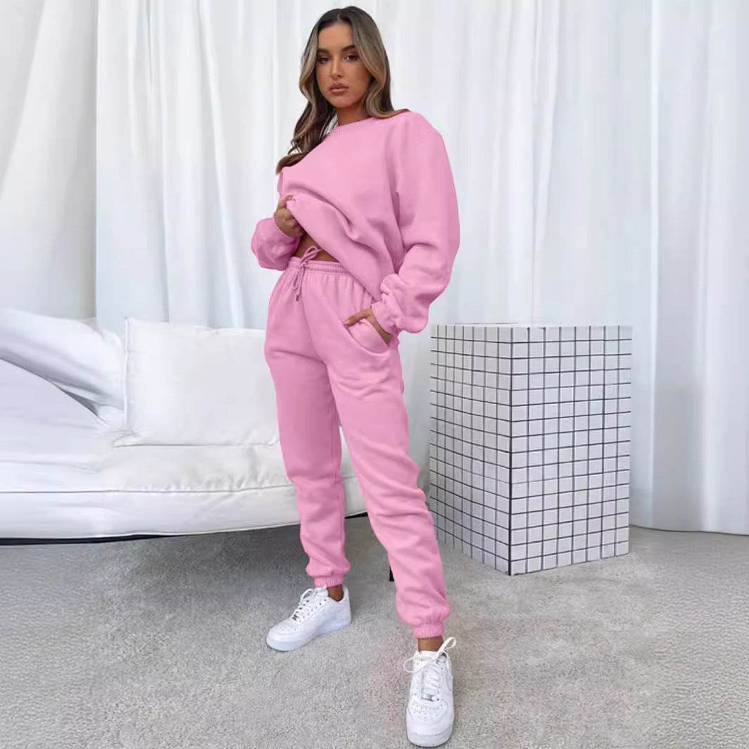 Women's Solid Color Round Neck Pullover Sweatshirt Pants - Velora