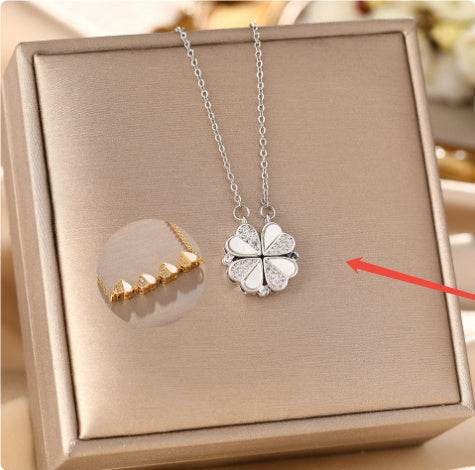 Luxury Four Leaf Clover Pendant Necklace Stainless Steel Crystal Heart Jewelry For Women Gift - Velora