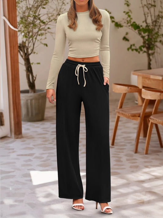Round Neck Long Sleeve Top and Pants Set - Velora