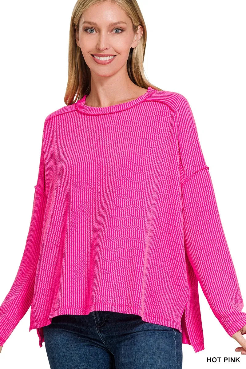 Zenana Exposed Seam Long Sleeve Corded Rib Knit Top - Velora
