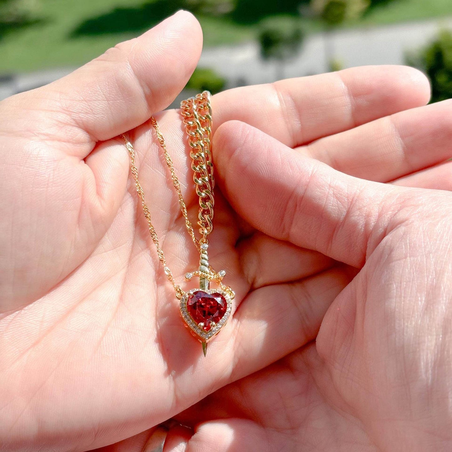 Gothic Punk One Arrow Through The Heart Creative Two Color Couple Necklace Red Rhinestone Heart Dagger Necklace Good Friend Gift Fashion Jewelry - Velora