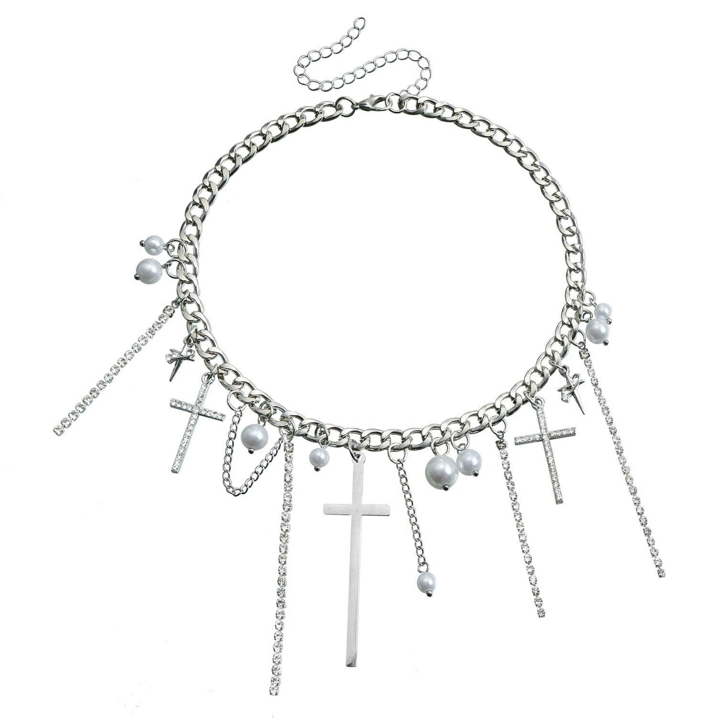 Cross Tassel Pearl Collarbone Chain Jewelry Cool Spicy Girl Necklace Fashion Jewelry - Velora
