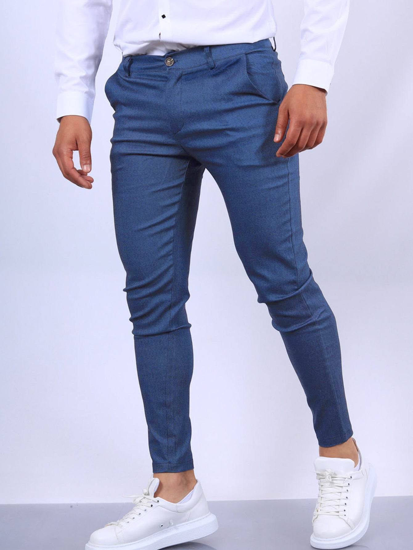 Men's Slim Button Trousers Fashion Solid Office Versatile Long Pencil Pants - Velora