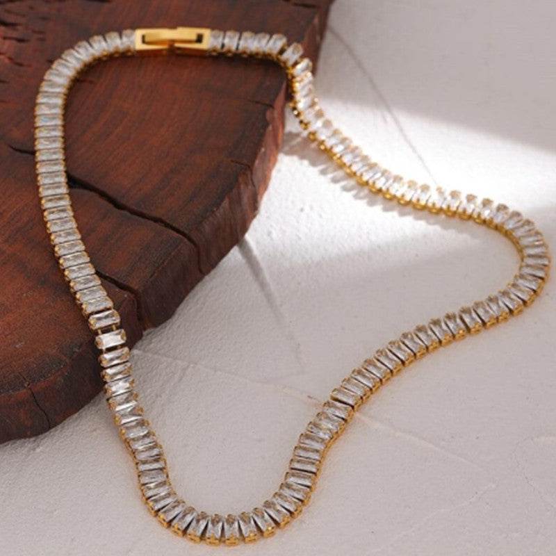Zircon Tennis Chain Real Gold Plating OT Buckle Necklace - Velora