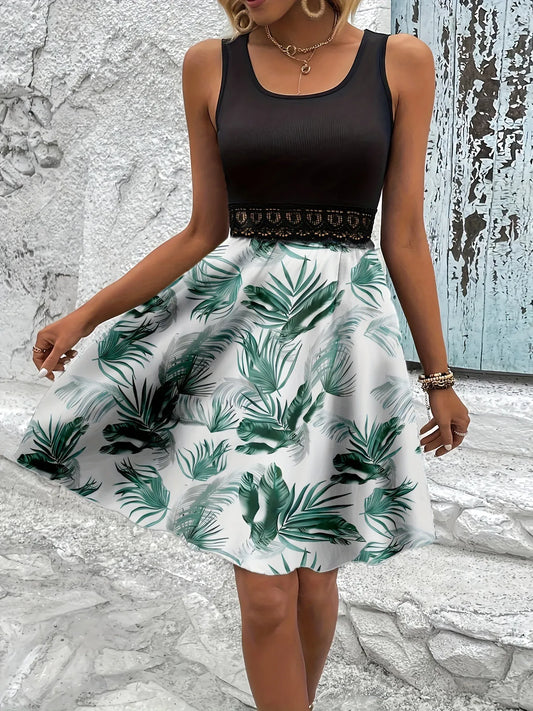 Tropical Print Sleeveless Summer Dress with Lace Waist Detail - Velora