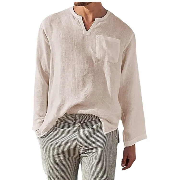 Men's Full Size Casual Notched Linen Long Sleeve Top Plus Size - Velora