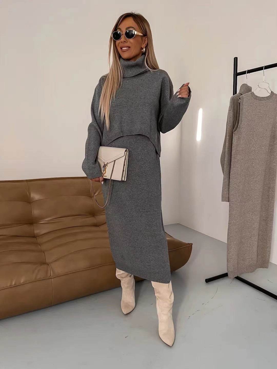 2pcs Sweater Suit Winter Fashion Turtleneck Pullover And Sleeveless Long Dress Womens Clothing - Velora