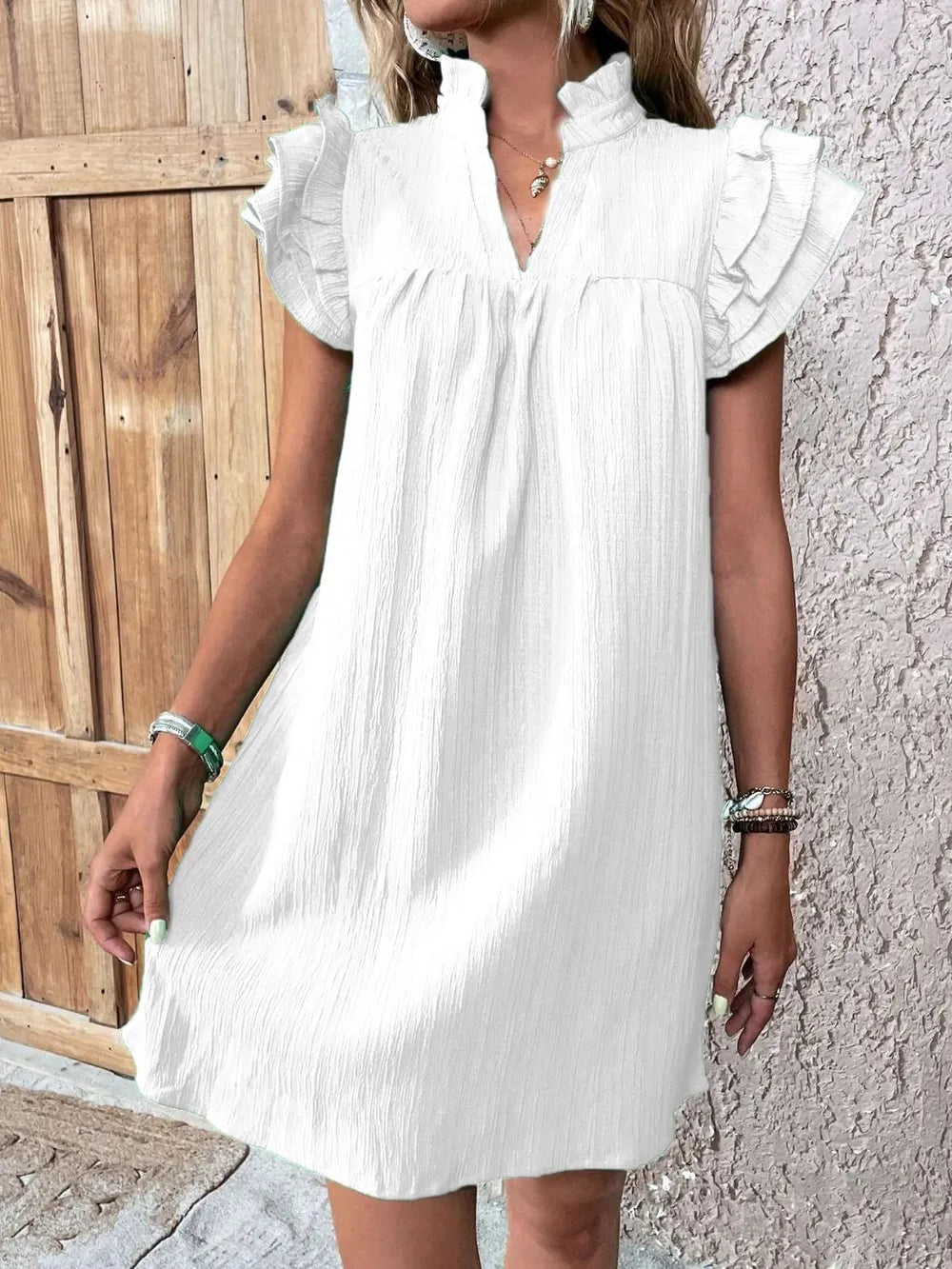 Ruffled Notched Cap Sleeve Mini Dress - Velora