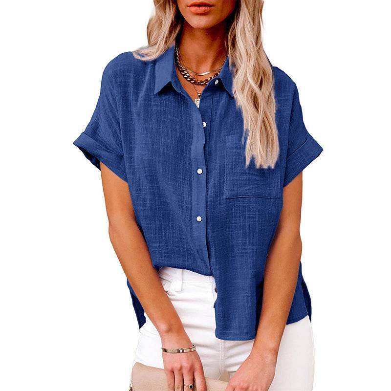 Summer Lapel Short Sleeve Shirt With Pockets Fashion Casual Solid Color Button Tops Women's Clothing - Velora