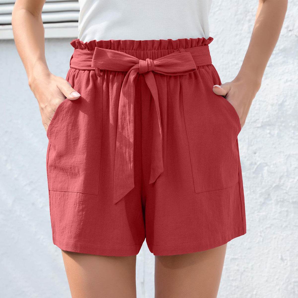 Fashion Ruffle Bow Waist Tie Shorts Summer Beach Pants With Pockets Womens Clothing - Velora