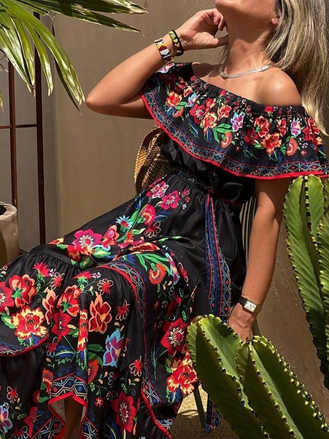 Floral Off Shoulder Ruffle Maxi Dress - Velora
