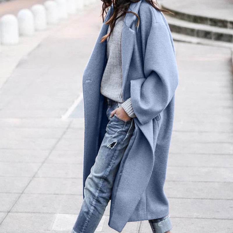 Casual Long Jacket With Pockets Solid Color Single Breasted Lapel Woolen Coat For Women Warm Winter Clothing - Velora