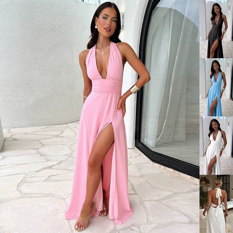Sexy Halterneck V-neck Slit Dress Summer Backless Strappy Skirt Fashion Temperament Clothing Women - Velora