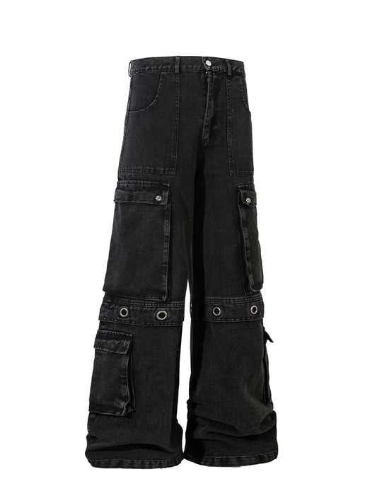 Men's Wide Leg Cargo Denim Jeans with Multi Pockets - Velora