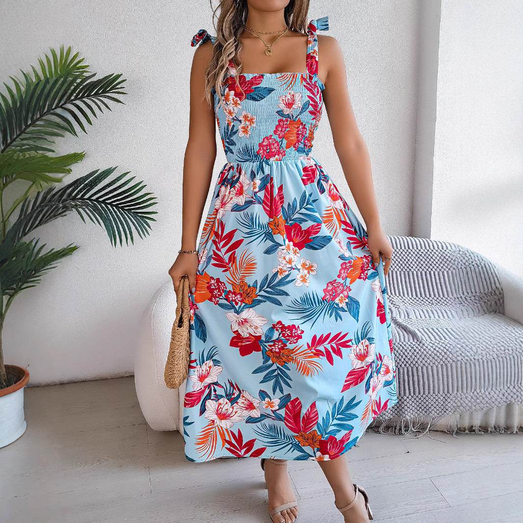 Flowers Print Suspender Corset Dress Ins Fashion Holiday Beach Long Dresses Summer Clothing For Women - Velora