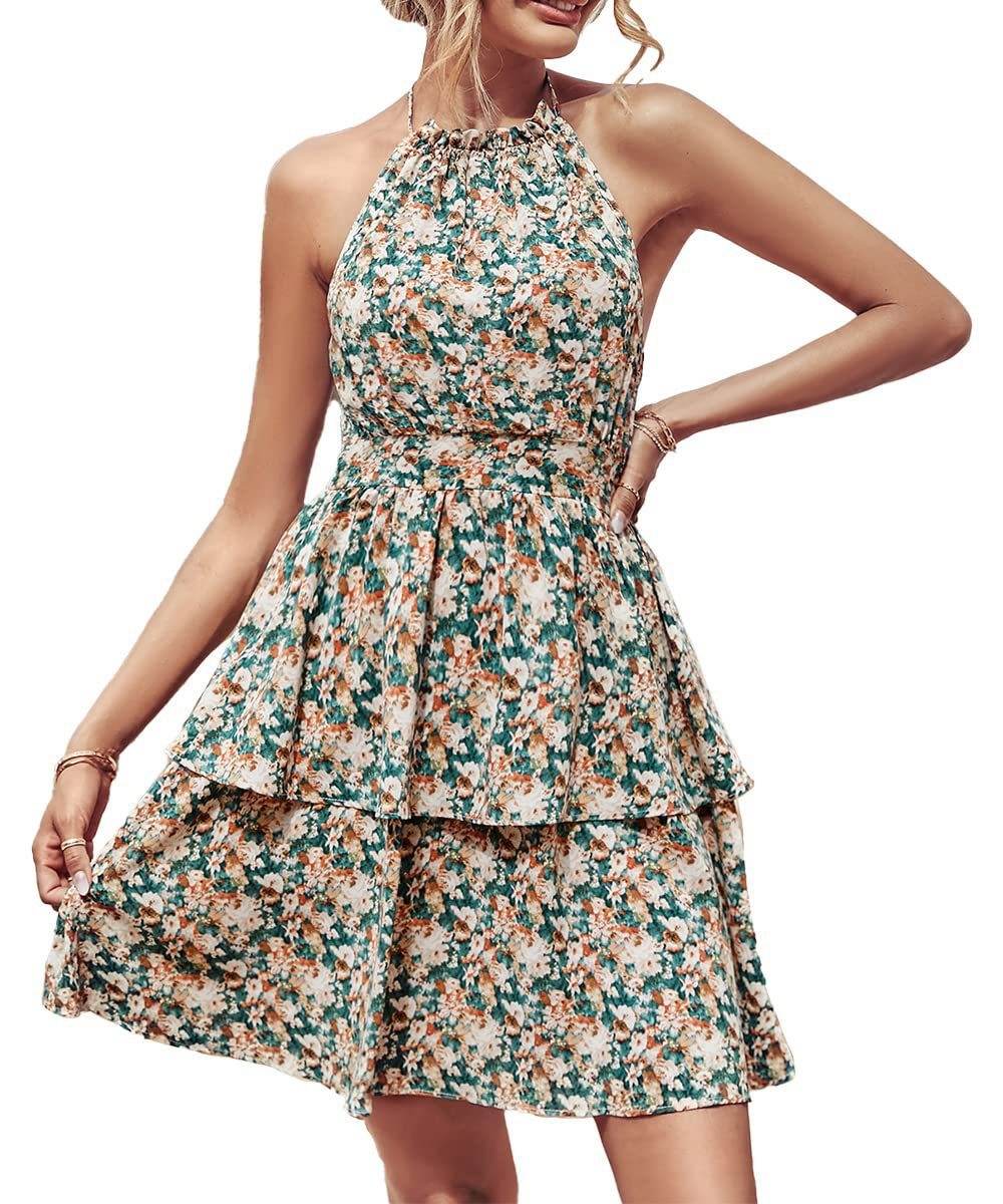 Summer Printed Halter Dress Fashion Boho Backless Ruffled A-Line Beach Dresses For Womens Clothing - Velora