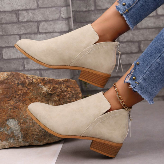 Chunky Heel Pointed Toe Ankle Boots With V-cut Design Fashion Fall Winter Short Boots For Women Shoes - Velora