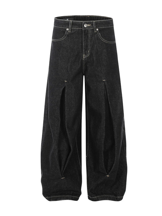 Men's High Waist Curved Jeans with Pleated Detail - Velora
