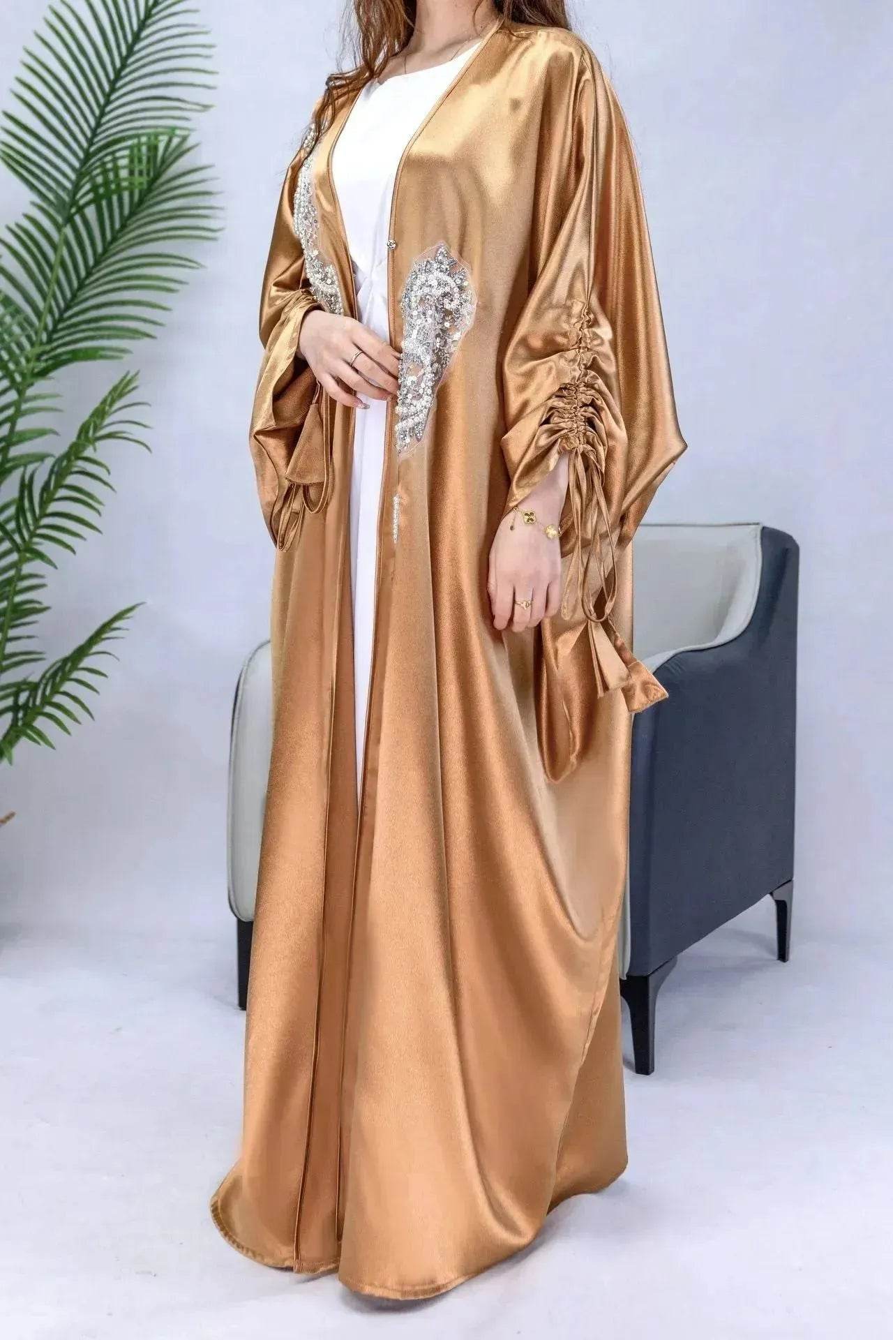 Simple Middle East Turkey Solid Color Plus Size Satin Robe Dubai Abaya Coat Turkey Abaya Kimono - Velora