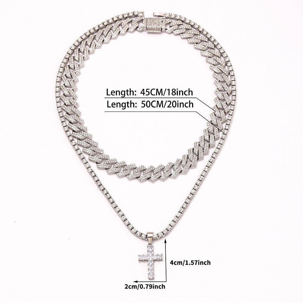 Zircon Cross Pendant Necklace Hip Hop Full Miami Curb Cuban Chain Iced Out Paved Rhinestones Bling Rapper Necklaces For Men Men's And Women's Clavicle Chain Jewelry - Velora